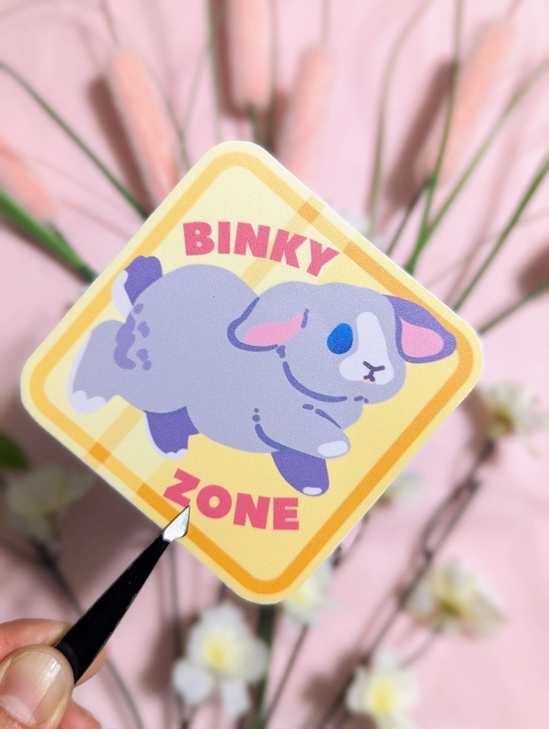 May include: A yellow diamond-shaped sticker with a gray bunny rabbit and the text "BINKY ZONE" in pink letters.