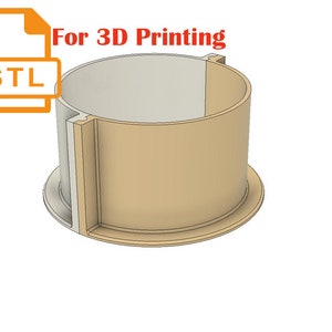 May include: A 3D printable STL file for a beige and white cylindrical container with a flat base and a slightly raised rim.  For 3D Printing.