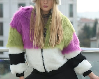 Purple Green Fur Coat, Fluffy Fur Shaggy Coat, Party Coat, Short Fur Coat, Festival Jacket, Rave Outfits, Faux Fur Coat, Burning Man Coat