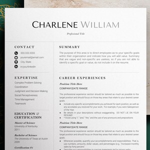 Könnte beinhalten: Ein schwarz-weißes Lebenslauf-Template mit dem Namen Charlene William oben. Der Lebenslauf enthält Abschnitte für Kontaktinformationen, Expertise, Ausbildung und Zertifizierung sowie Berufserfahrung.