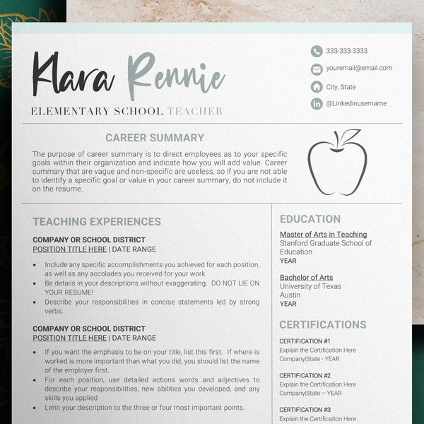 Elementary School Teacher Resume Template, School Teacher CV Template for Word, Secondary School Teacher, Middle School Teacher Resume