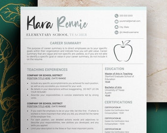 May include: A resume template for an elementary school teacher. The template includes sections for career summary, teaching experiences, education, and certifications. The template also includes a red apple icon.
