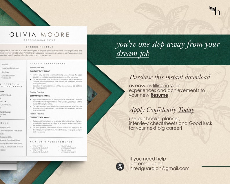 Puede incluir: Una plantilla de curr&iacute;culum beige y verde con el texto "Olivia Moore" y "est&aacute;s a un paso de tu trabajo so&ntilde;ado". La plantilla incluye secciones para el perfil profesional, la experiencia laboral, los premios y logros, y las habilidades. El texto "Compra esta descarga instant&aacute;nea tan f&aacute;cil como completar tus experiencias y logros para tu nuevo curr&iacute;culum" tambi&eacute;n est&aacute; incluido.