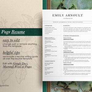 May include: A one-page resume template with a clean, professional design. The resume features sections for expertise, education, and career experiences. Text includes "easy to edit" and "helpful tips" with editing options for Google Docs, Microsoft Word, or Pages.