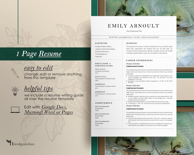 May include: A one-page resume template with a clean, professional design. The resume features sections for expertise, education, and career experiences. Text includes "easy to edit" and "helpful tips" with editing options for Google Docs, Microsoft Word, or Pages.