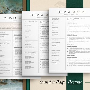 Puede incluir: Una plantilla de curr&iacute;culum de tres p&aacute;ginas con el nombre Olivia Moore en la parte superior. La plantilla incluye secciones para el t&iacute;tulo profesional, la participaci&oacute;n comunitaria, las experiencias profesionales, las certificaciones, los idiomas, el desarrollo profesional, la educaci&oacute;n, las habilidades, los premios y las referencias.