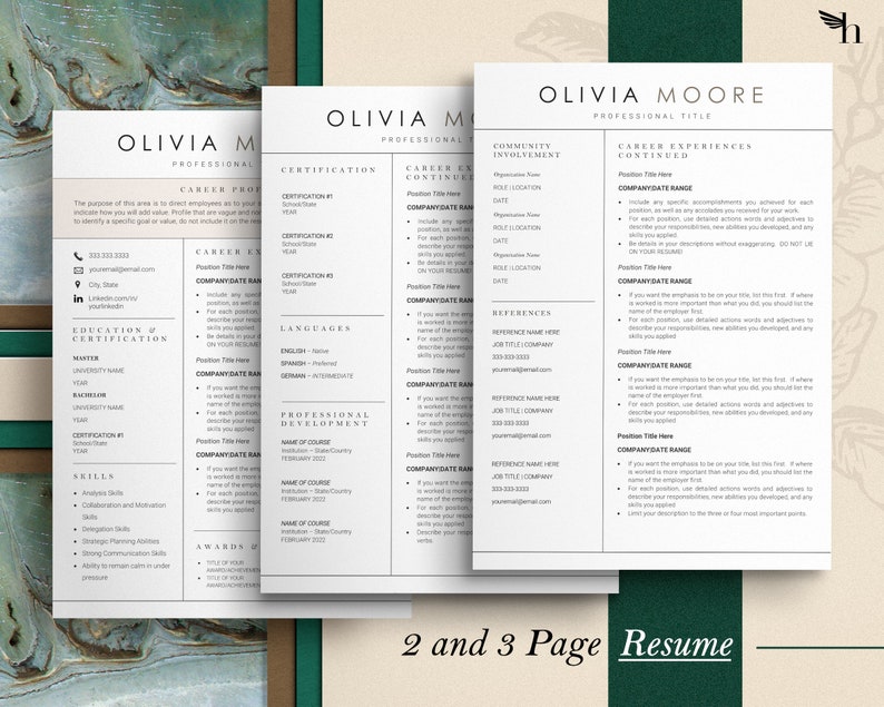 Puede incluir: Una plantilla de curr&iacute;culum de tres p&aacute;ginas con el nombre Olivia Moore en la parte superior. La plantilla incluye secciones para el t&iacute;tulo profesional, la participaci&oacute;n comunitaria, las experiencias profesionales, las certificaciones, los idiomas, el desarrollo profesional, la educaci&oacute;n, las habilidades, los premios y las referencias.