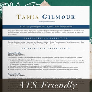 May include: A resume template with a green background and floral accents. The resume is for a person named Tamia Gilmour. The resume includes sections for professional expertise, professional experiences, and company/date range.