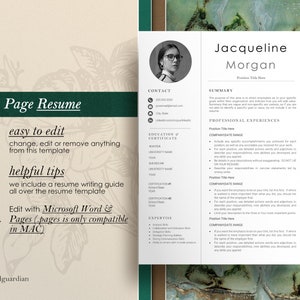 Puede incluir: Una plantilla de curr&iacute;culum verde y marr&oacute;n con una foto de una mujer en un c&iacute;rculo en la parte superior. El texto "Jacqueline Morgan" est&aacute; en la parte superior de la p&aacute;gina. El texto "1 Page Resume" est&aacute; en la esquina superior izquierda. El texto "easy to edit, change, edit or remove anything from this template" est&aacute; debajo del texto "1 Page Resume". El texto "helpful tips, we include a resume writing guide all over the resume template" est&aacute; debajo del texto "easy to edit". El texto "Edit with Microsoft Word & Pages (pages is only compatible in MAC)" est&aacute; debajo del texto "helpful tips". El texto "Hiredguardian" est&aacute; en la esquina inferior izquierda.