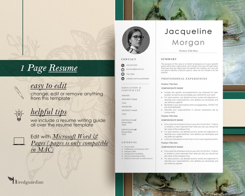 Puede incluir: Una plantilla de curr&iacute;culum verde y marr&oacute;n con una foto de una mujer en un c&iacute;rculo en la parte superior. El texto "Jacqueline Morgan" est&aacute; en la parte superior de la p&aacute;gina. El texto "1 Page Resume" est&aacute; en la esquina superior izquierda. El texto "easy to edit, change, edit or remove anything from this template" est&aacute; debajo del texto "1 Page Resume". El texto "helpful tips, we include a resume writing guide all over the resume template" est&aacute; debajo del texto "easy to edit". El texto "Edit with Microsoft Word & Pages (pages is only compatible in MAC)" est&aacute; debajo del texto "helpful tips". El texto "Hiredguardian" est&aacute; en la esquina inferior izquierda.