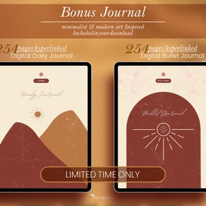 May include: A digital journal with a minimalist design featuring a sun and mountains on the cover. The text "254 pages hyperlinked Digital Daily Journal" is displayed on the top left corner of the image. The text "LIMITED TIME ONLY" is displayed in a white rectangle on the bottom of the image.