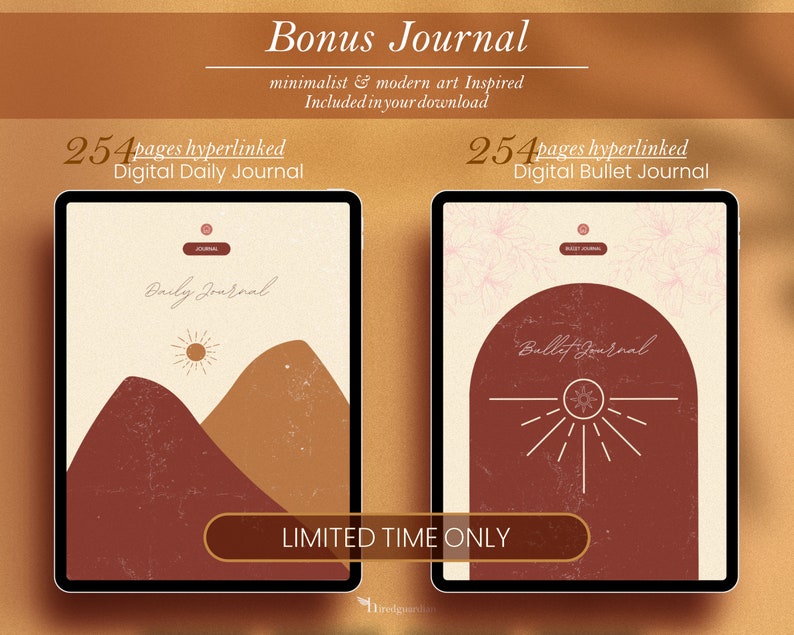 May include: A digital journal with a minimalist design featuring a sun and mountains on the cover. The text "254 pages hyperlinked Digital Daily Journal" is displayed on the top left corner of the image. The text "LIMITED TIME ONLY" is displayed in a white rectangle on the bottom of the image.