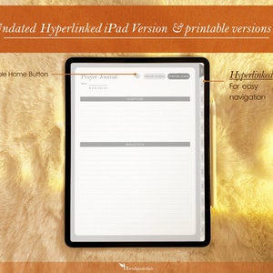 May include: A digital tablet displaying a printable prayer journal template. The template has sections for the date, scripture, and reflection. The tablet is on a fuzzy, light brown surface. The text "Undated Hyperlinked iPad Version & printable versions" is at the top of the image. The text "Clickable Home Button" is on the left side of the image. The text "Hyperlinked For easy navigation" is on the right side of the image.