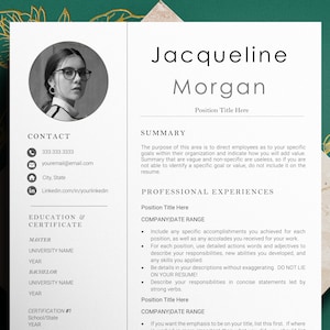 Puede incluir: Una plantilla de curr&iacute;culum con una foto de una mujer que lleva gafas. El curr&iacute;culum incluye secciones para informaci&oacute;n de contacto, educaci&oacute;n y certificados, resumen y experiencias profesionales. La plantilla est&aacute; dise&ntilde;ada para ayudar a los buscadores de empleo a crear un curr&iacute;culum profesional y eficaz.