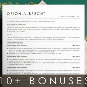 May include: A resume template with the name Orion Albrecht at the top. The template includes sections for professional overview, skills, career experiences, and 10+ bonuses. The template is designed to help job seekers create a professional and effective resume.