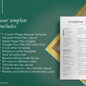 May include: A green and gold template for a resume, cover letter, and interview preparation. The template includes 1, 2, and 3 page resume options, Microsoft Word, Apple Pages, and Google Docs files, a cover letter template, a reference letter template, a resume writing guide ebook, 50+ icons in different colors, 100 interview tips, a guide to ace any job interview ebook, and a planner and interview cheatsheets.