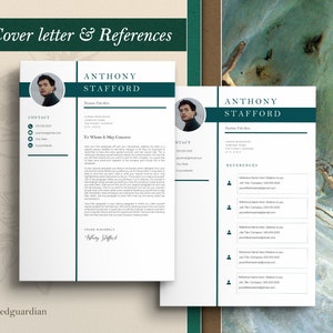 May include: A white cover letter and references page with a green header. The cover letter is addressed to "To Whom It May Concern" and is signed "Anthony Stafford". The references page lists "Anthony Stafford" as the name and includes a section for contact information.