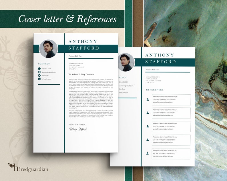 May include: A white cover letter and references page with a green header. The cover letter is addressed to "To Whom It May Concern" and is signed "Anthony Stafford". The references page lists "Anthony Stafford" as the name and includes a section for contact information.