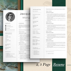 Puede incluir: Una plantilla de curr&iacute;culum de dos p&aacute;ginas con un fondo de m&aacute;rmol verde y marr&oacute;n. El curr&iacute;culum es para Jacqueline Morgan e incluye secciones para informaci&oacute;n de contacto, resumen, experiencia profesional, educaci&oacute;n y certificados, experiencia, desarrollo profesional, premios y logros, y referencias.