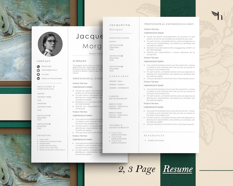 Puede incluir: Una plantilla de curr&iacute;culum de dos p&aacute;ginas con un fondo de m&aacute;rmol verde y marr&oacute;n. El curr&iacute;culum es para Jacqueline Morgan e incluye secciones para informaci&oacute;n de contacto, resumen, experiencia profesional, educaci&oacute;n y certificados, experiencia, desarrollo profesional, premios y logros, y referencias.