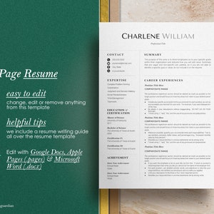 May include: A green and gold resume template with the title "1 Page Resume" and the text "easy to edit, change, edit or remove anything from this template". The template includes sections for contact information, summary, expertise, career experiences, education and certification, and achievements.