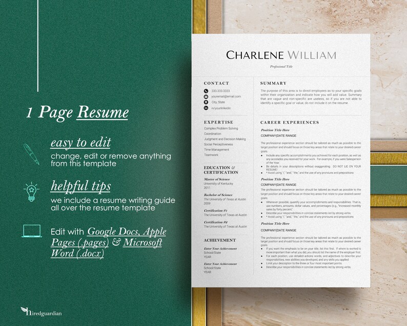May include: A green and gold resume template with the title "1 Page Resume" and the text "easy to edit, change, edit or remove anything from this template". The template includes sections for contact information, summary, expertise, career experiences, education and certification, and achievements.