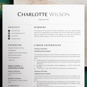 May include: A black and white resume template with the name Charlotte Wilson at the top. The resume includes sections for contact information, expertise, education and certification, and career experiences.
