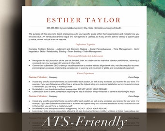 May include: A resume template with a green background and the text "ATS-Friendly" in large, bold letters. The resume is formatted with sections for professional expertise, leadership achievements, career experiences, and position titles. The template includes tips for writing a resume, such as "Be detailed in your descriptions without exaggerating. DO NOT LIE ON YOUR RESUME!"