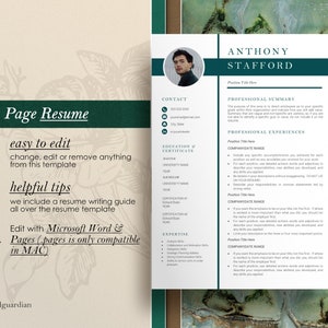May include: A green and brown resume template with the text "1 Page Resume" and "easy to edit" in a white box. The template includes sections for contact information, education, professional summary, and professional experiences. The template is designed to be easily edited and customized.