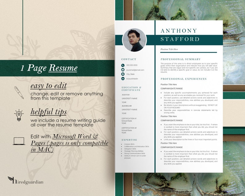 May include: A green and brown resume template with the text "1 Page Resume" and "easy to edit" in a white box. The template includes sections for contact information, education, professional summary, and professional experiences. The template is designed to be easily edited and customized.