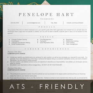May include: A resume template with the name Penelope Hart at the top. The resume includes sections for profile, skills, career experiences, and a section for accomplishments. The resume is designed to be ATS-friendly.