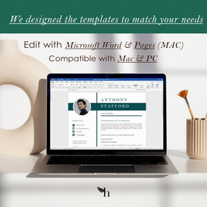 May include: A laptop computer displaying a resume template in Microsoft Word. The resume is for Anthony Stafford and includes sections for contact information, professional summary, professional experiences, education, and certificates. The template has a green and white color scheme.
