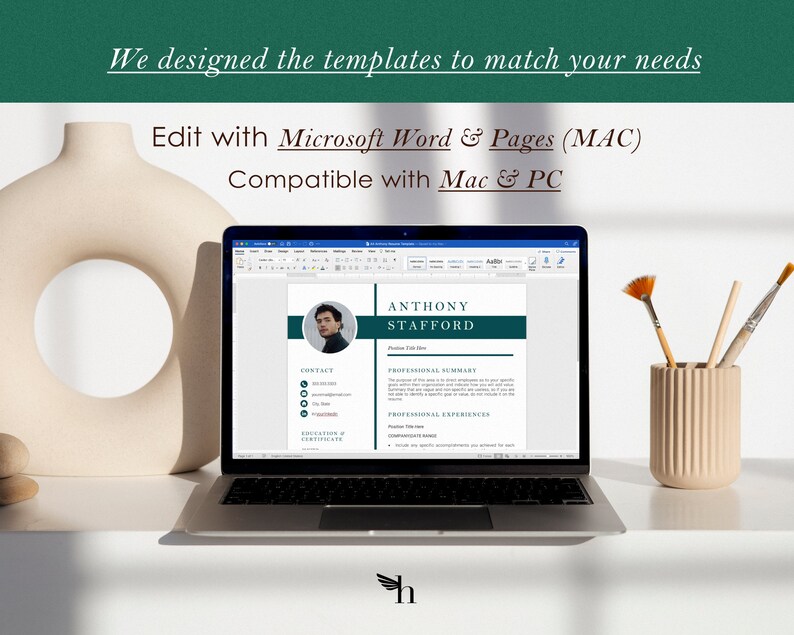 May include: A laptop computer displaying a resume template in Microsoft Word. The resume is for Anthony Stafford and includes sections for contact information, professional summary, professional experiences, education, and certificates. The template has a green and white color scheme.