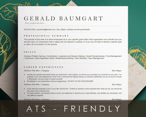 ATS Friendly Resume Template for Google Docs and Word, Minimalist CV with Cover Letter, 1 and 2 Page Editable, Instant Download