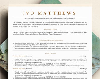 May include: A resume template with a brown and green background. The resume is for Ivo Matthews and includes contact information, professional expertise, professional and leadership achievements, and career experiences.