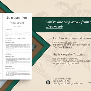 Puede incluir: Una plantilla de curr&iacute;culum con fondo verde y marr&oacute;n. El texto "you're one step away from your dream job" est&aacute; en la parte superior de la p&aacute;gina. El texto "Purchase this instant download as easy as filling-in your experiences and achievements to your new Resume" est&aacute; en la parte media de la p&aacute;gina. El texto "Apply Confidently Today use our books, planner, interview cheatsheets and Good luck for your next big career!" est&aacute; en la parte inferior de la p&aacute;gina. El texto "If you need help just email us on hiredguardian@gmail.com" est&aacute; en la parte inferior de la p&aacute;gina.