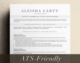 Könnte beinhalten: Eine Lebenslaufvorlage mit dem Namen Aleisha Carty oben. Der Lebenslauf enthält Abschnitte für berufliche Expertise und Berufserfahrung. Der Text "ATS-Friendly" ist unten auf der Seite sichtbar.