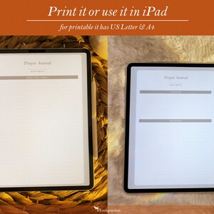 May include: Two digital tablets displaying a printable prayer journal template. The template includes sections for scripture, prayer, and reflection. The text on the screen reads "Prayer Journal".