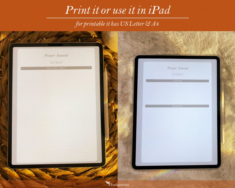 May include: Two digital tablets displaying a printable prayer journal template. The template includes sections for scripture, prayer, and reflection. The text on the screen reads "Prayer Journal".