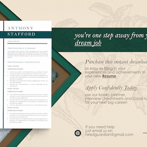 May include: A green and brown resume template with the text "you're one step away from your dream job" and "Purchase this instant download as easy as filling-in your experiences and achievements to your new Resume".