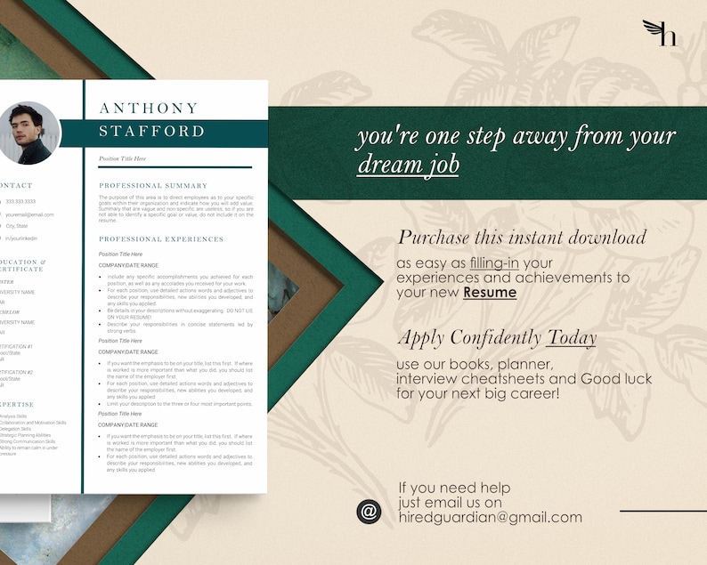 May include: A green and brown resume template with the text "you're one step away from your dream job" and "Purchase this instant download as easy as filling-in your experiences and achievements to your new Resume".