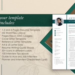 May include: A green and white resume template with a photo of a man in the top right corner. The template includes a contact section, professional summary, professional experience, education and certificate, and expertise sections. The text "ANTHONY STAFFORD" is at the top of the page.