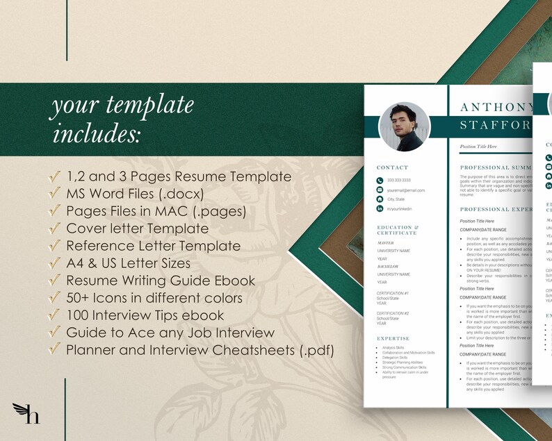 May include: A green and white resume template with a photo of a man in the top right corner. The template includes a contact section, professional summary, professional experience, education and certificate, and expertise sections. The text "ANTHONY STAFFORD" is at the top of the page.