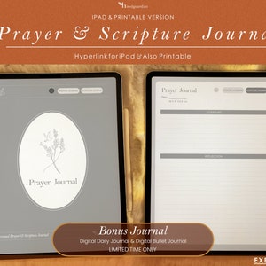 May include: A digital iPad screen displaying a prayer and scripture journal with a gray background and a simple line drawing of a bird and flowers. The text "Prayer Journal" is displayed in a white oval. The journal is designed for use with an iPad and is also printable.