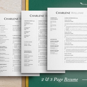 May include: A three-page resume template with the name Charlene William at the top. The resume includes sections for contact information, summary, expertise, career experience, education and certification, achievement, certification, languages, and professional development.