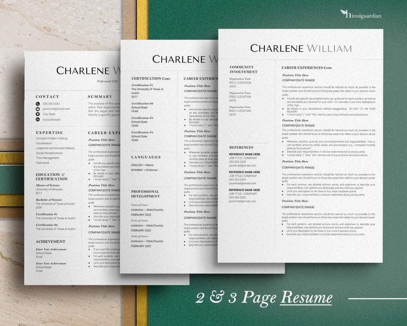 May include: A three-page resume template with the name Charlene William at the top. The resume includes sections for contact information, summary, expertise, career experience, education and certification, achievement, certification, languages, and professional development.