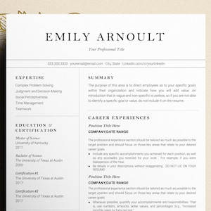 May include: A resume template with the name "EMILY ARNOULT" at the top. The resume includes sections for expertise, education, certification, summary, and career experiences. The design is minimalist with a cream background and gold floral accents.