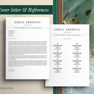 May include: A professional resume template with a cover letter and references page. The cover letter includes the name "Emily Arnoult" and contact information. The references page lists contact details for multiple references. The background is a mix of green and beige.