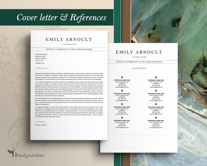 May include: A professional resume template with a cover letter and references page. The cover letter includes the name "Emily Arnoult" and contact information. The references page lists contact details for multiple references. The background is a mix of green and beige.