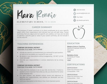 Könnte beinhalten: Ein Lebenslauf-Template mit einer roten Apfelgrafik. Das Template enthält Abschnitte für die Karriereübersicht, Lehrerfahrungen, Ausbildung und Zertifizierungen. Der Text enthält den Namen Kara Rennie, Grundschullehrerin, und Kontaktinformationen.